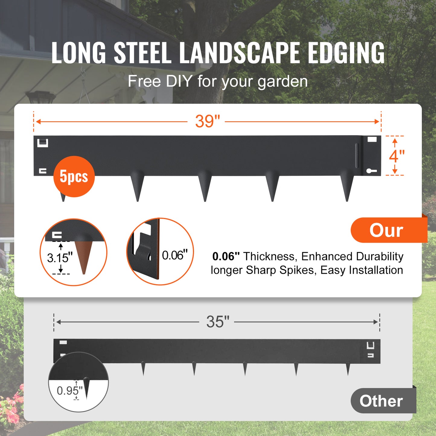 Steel Landscape Edging, 5-Pack 39 x 4 in. Garden Borders, Hammer-In Lawn Edging, 3.15 in. Spikes, Powder-Coated Black