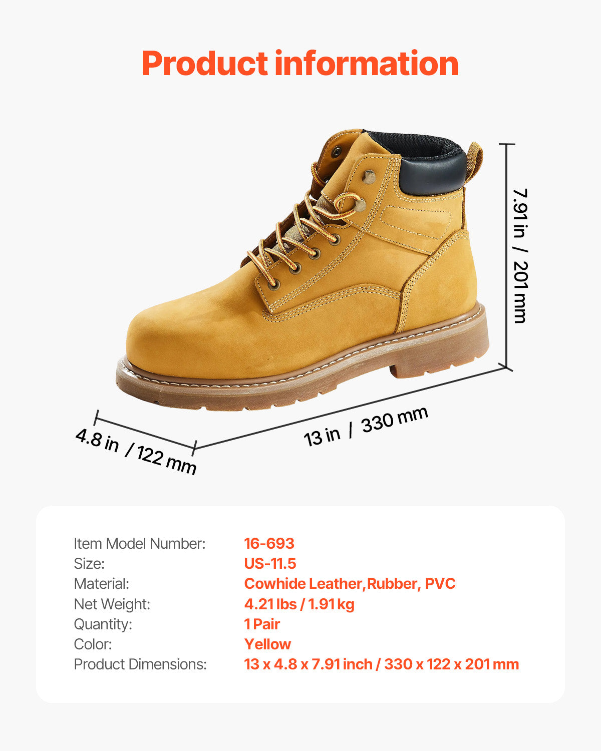 Steel Toe Work Boots for Men, US Size 11.5, Waterproof Slip-Resistant Industrial Boot, Rubber Sole, Brown Yellow