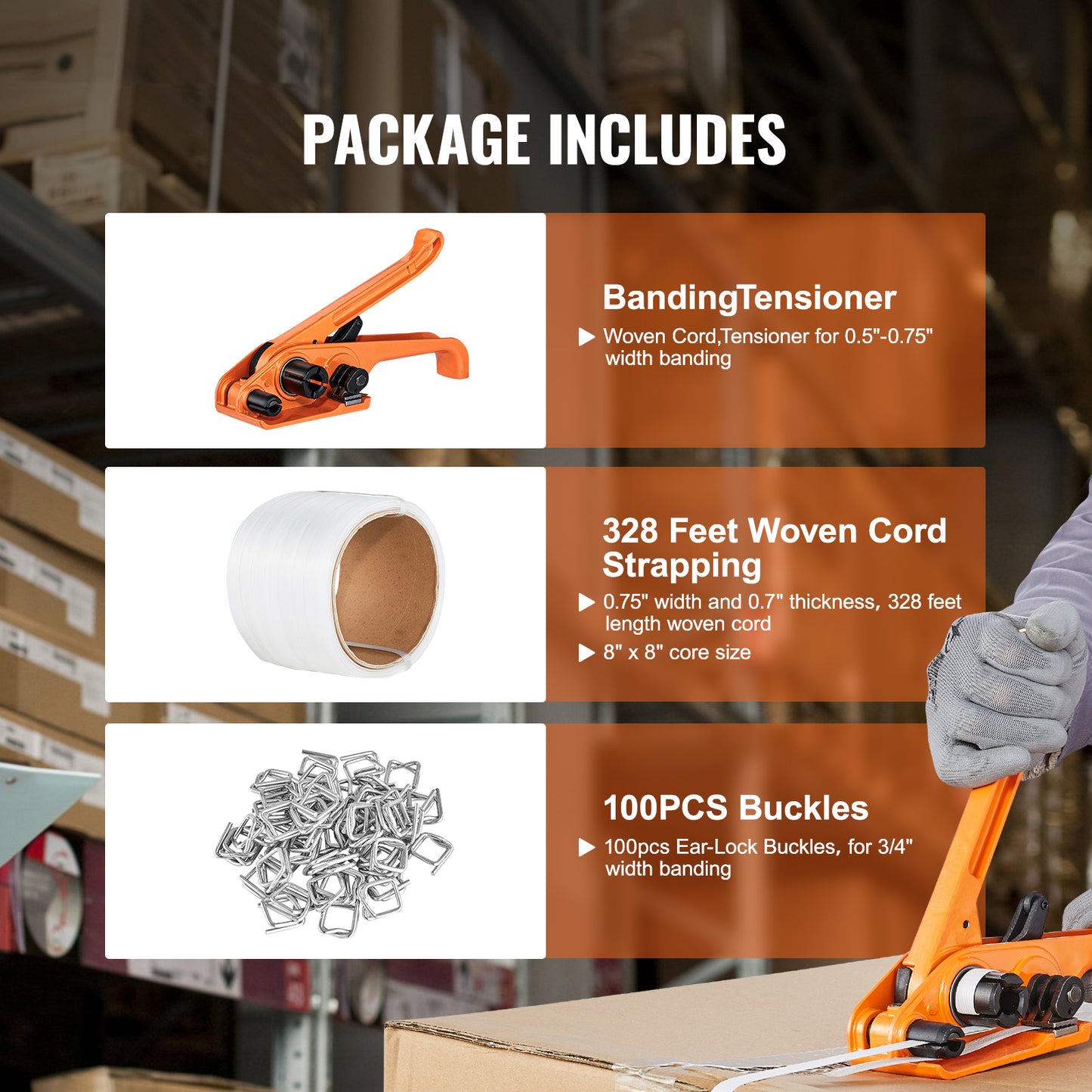 Banding Strapping Kit with Strapping Tensioner Tool, 328 ft Length Woven Strapping Cord Band, 100 Metal Seals, Pallet Packaging Strapping Banding Kit, Banding Packaging Strapping for Packing