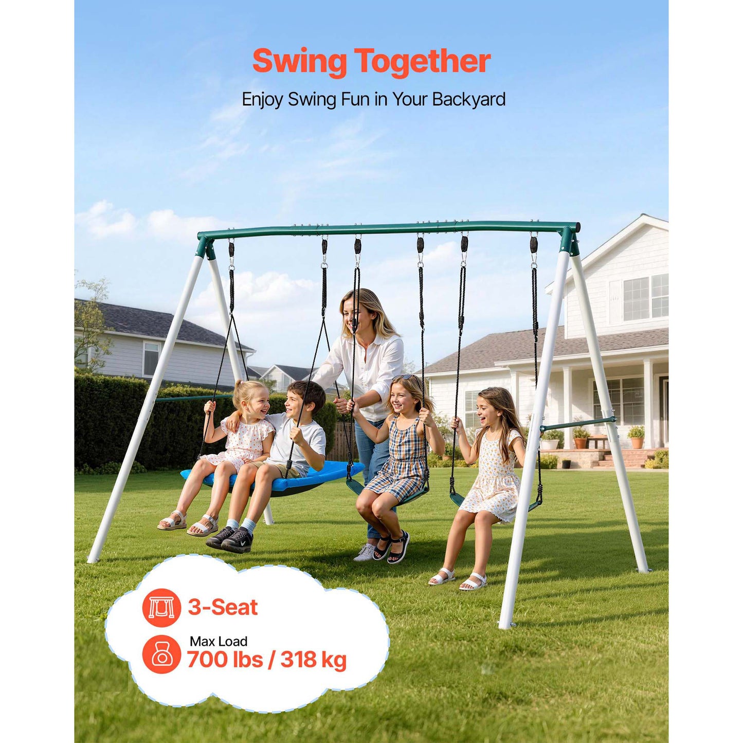 Backyard Swing Set 45 x 30 in. Bench Seat with 2 Belt Seats, Heavy-Duty A-Frame Steel Stand Outdoor
