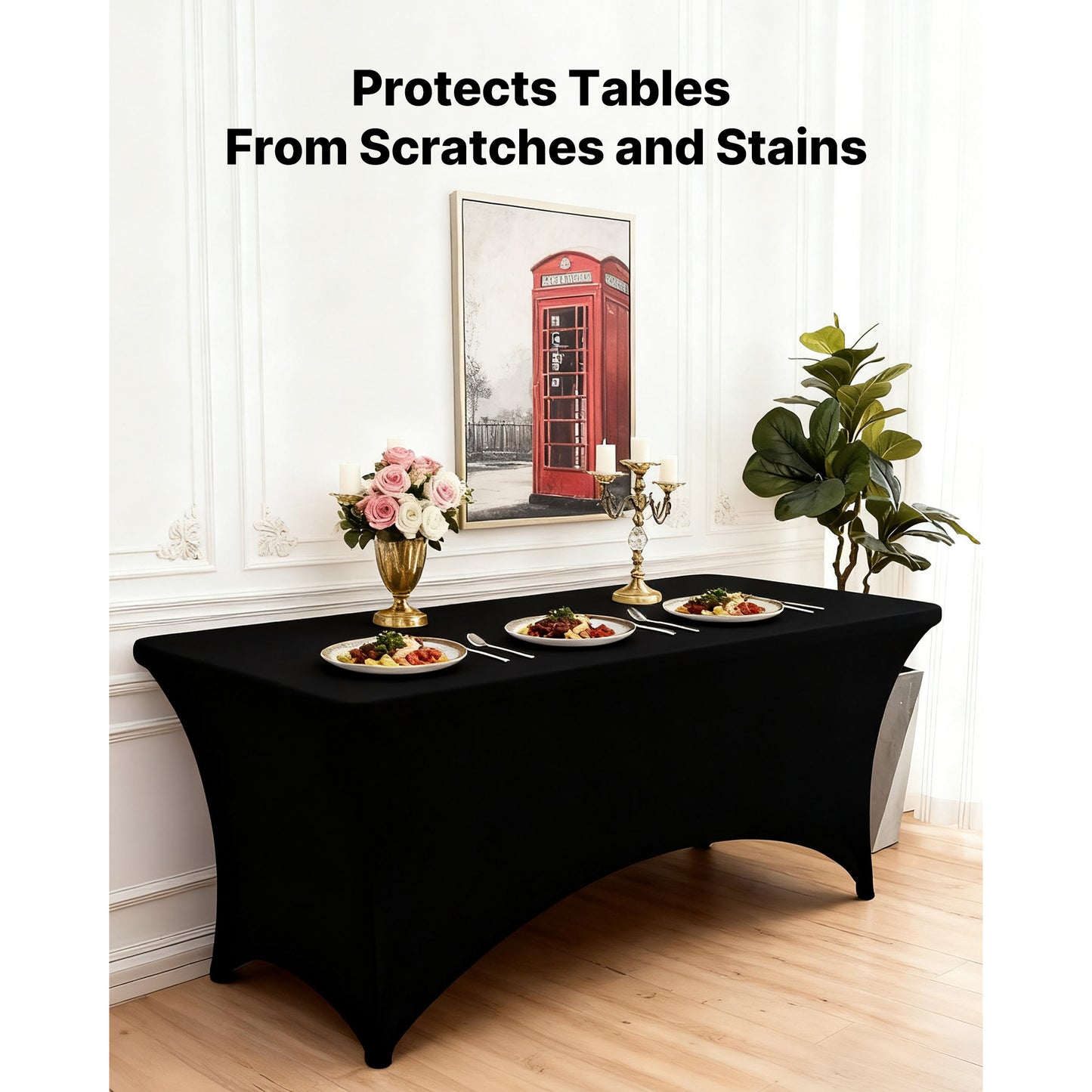 Fitted Tablecloth 6 Pack for 6 ft. Rectangle Tables, Stretch Spandex Table Covers, Washable, Black, for Events