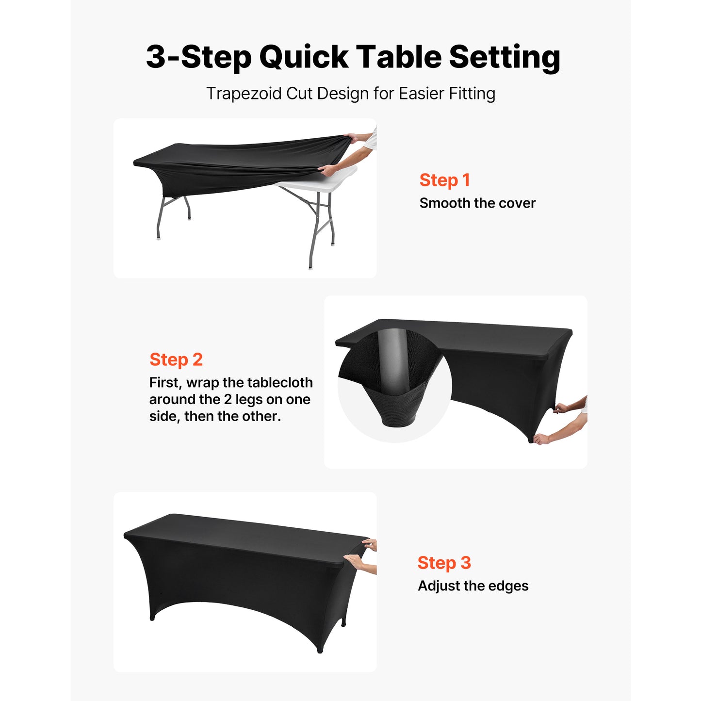Fitted Tablecloth 6 Pack for 6 ft. Rectangle Tables, Stretch Spandex Table Covers, Washable, Black, for Events