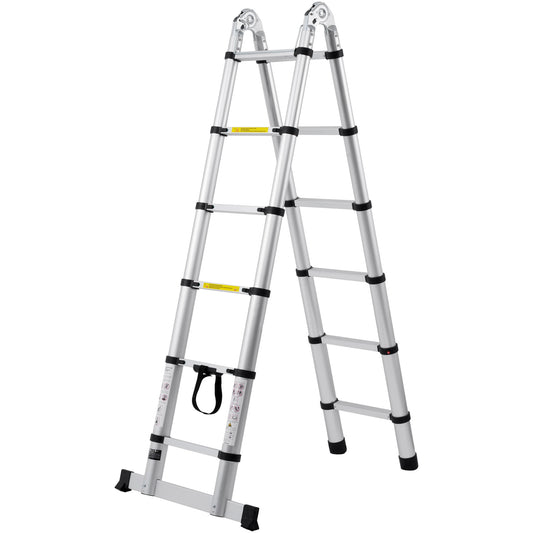 Telescoping Ladder, 12.5FT A-Shape Aluminum Extension Ladder Lightweight, Multi-button Retraction Collapsible Ladder, 375 LBS Capacity w/ Stabilizer Bar, Multi-Purpose Ladders for RV, Camper
