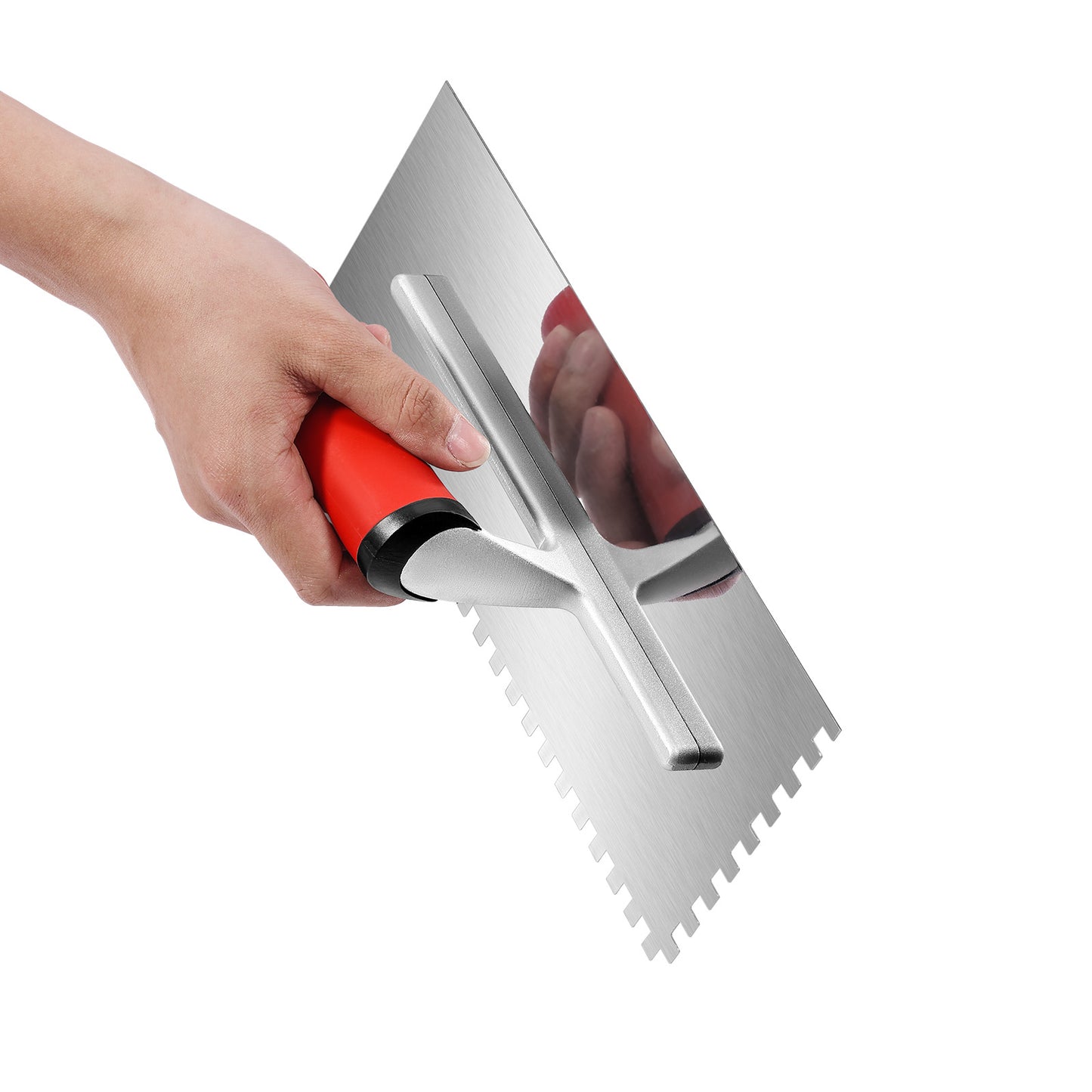 Tile Tools, Stainless Steel Squared Notch Tile and Flooring Trowel, 10.9 x 4.4 in Pro Grade Drywall Tool, Ergonomic Rubber Grip Comfort Handle, for Apply, Spread, Flatten, Smooth, Polish