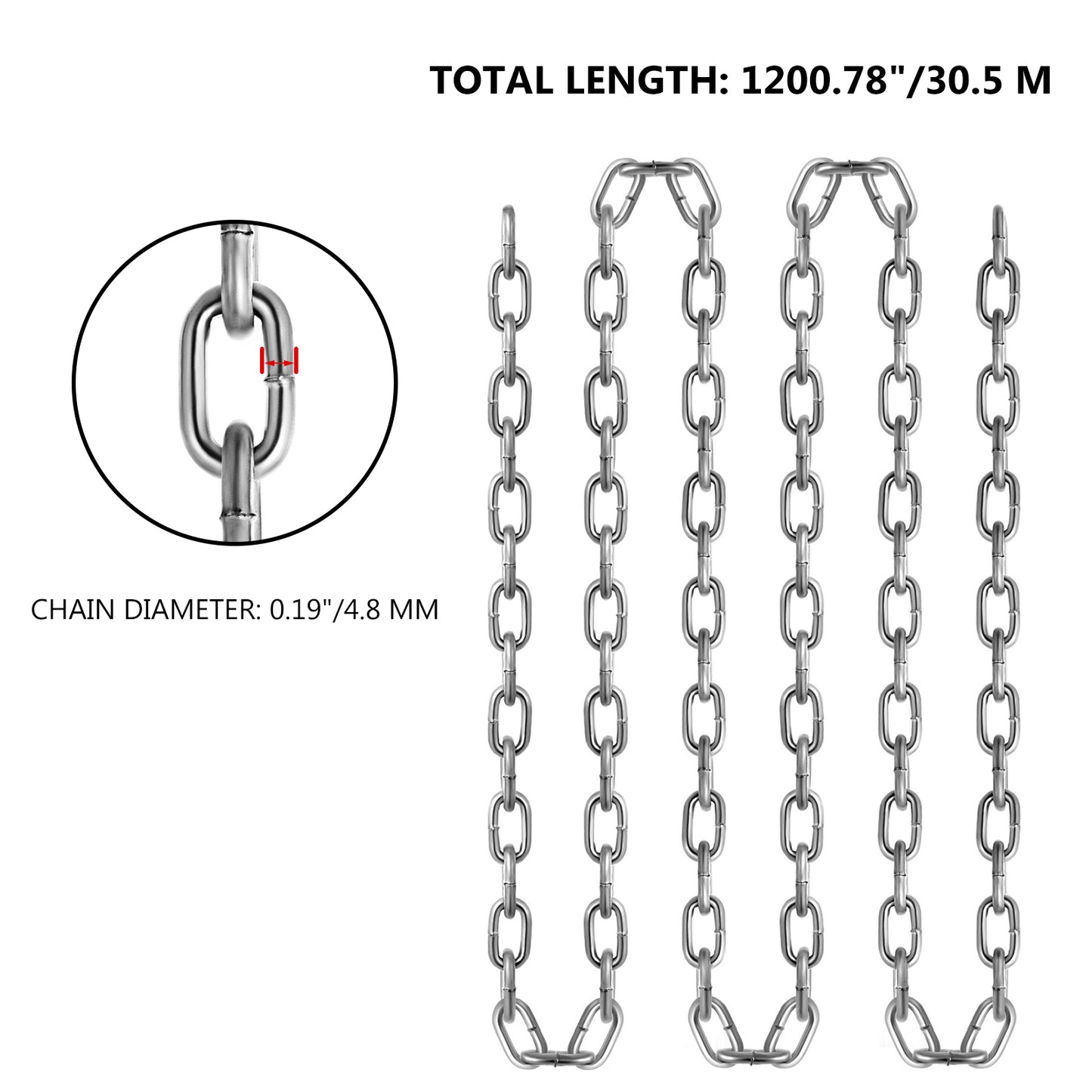 Proof Coil Chain, 3/16in x 100ft, 1100 lbs Safe Working Load, Zinc Plated Proof Tested Coil Chain with Two Quick Links, Galvanized Carbon Steel Link Chain for Towing, Hanging, Camping, Pet Towing
