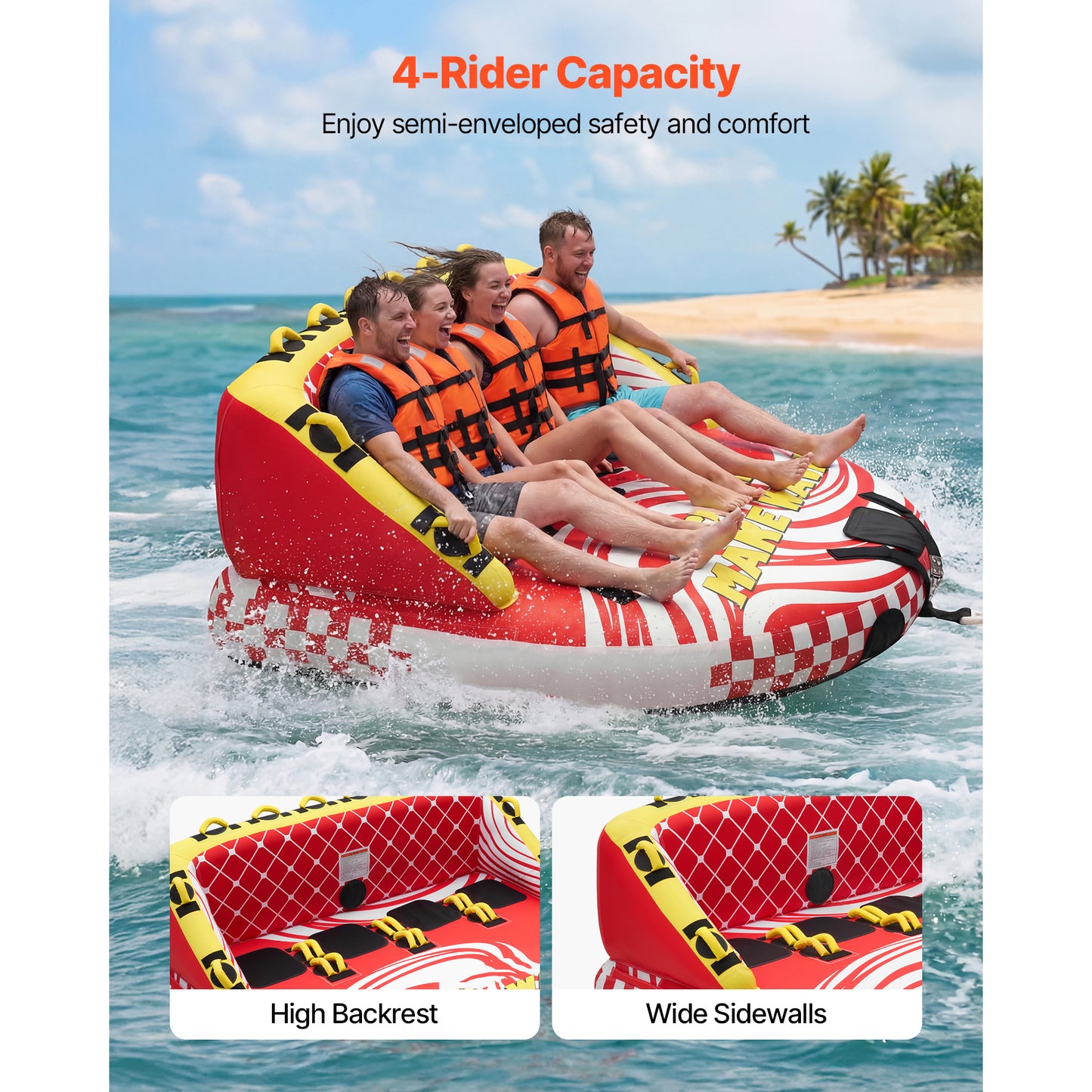 4-Rider Towable Tube for Boating, 680 lb. Inflatable Tube with Dual Tow Points and Nylon Cover