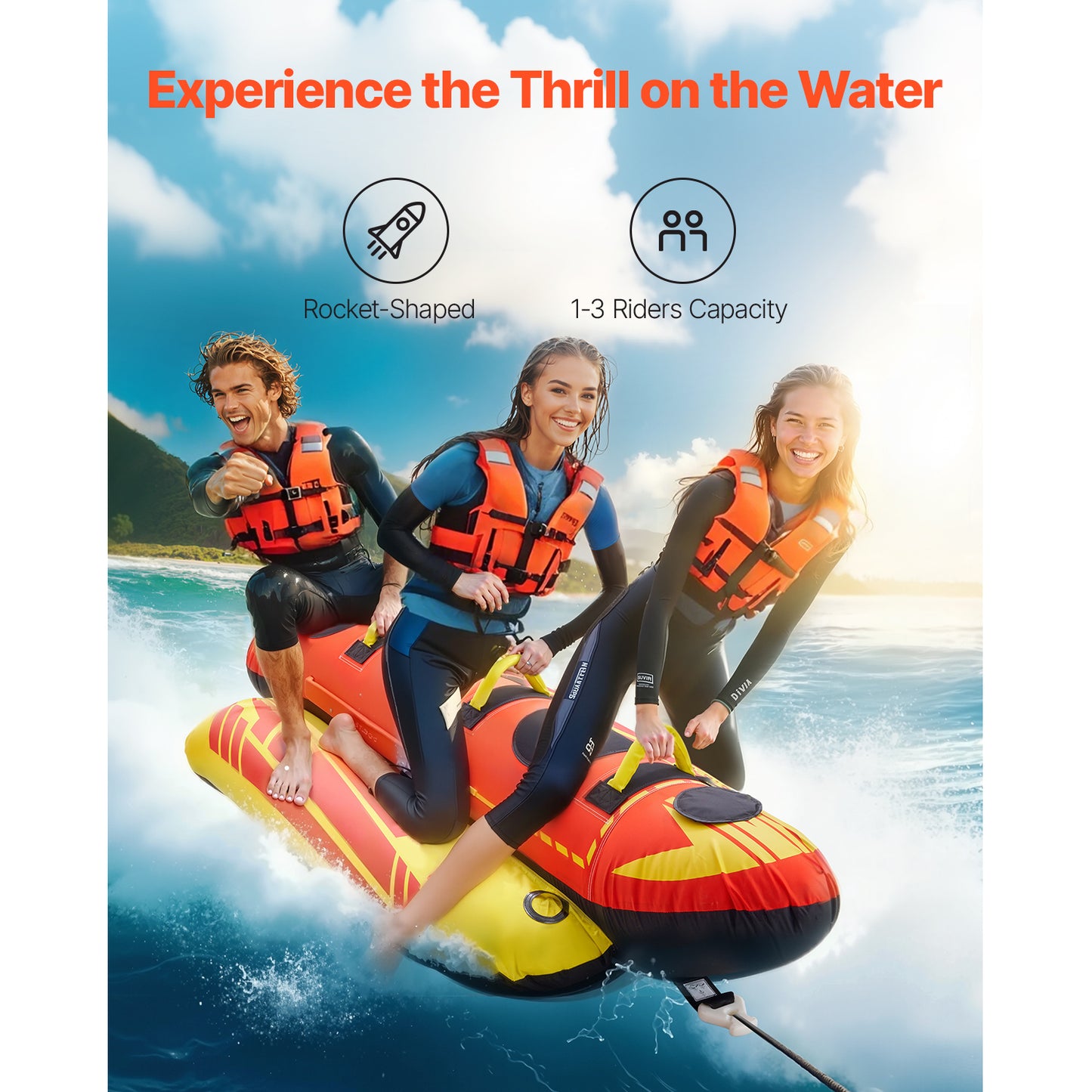 1-3 Rider Hot Dog Towable Tube, 510 lb. Capacity Inflatable Water Sport Tube with Nylon Cover, Padded Handles