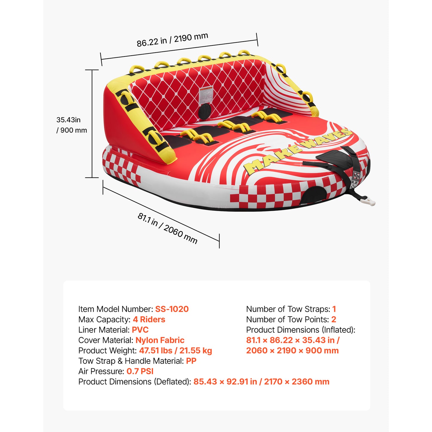 4-Rider Towable Tube for Boating, 680 lb. Inflatable Tube with Dual Tow Points and Nylon Cover