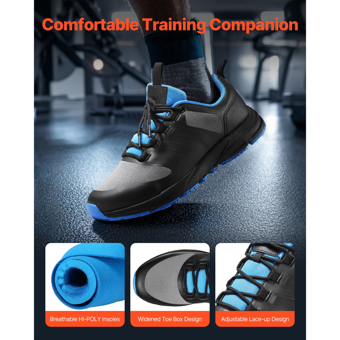 Cross Training Shoes M Width US Size 9, Wide Toe Box, Arch Support, Lace-Up for Gym Workouts, Black