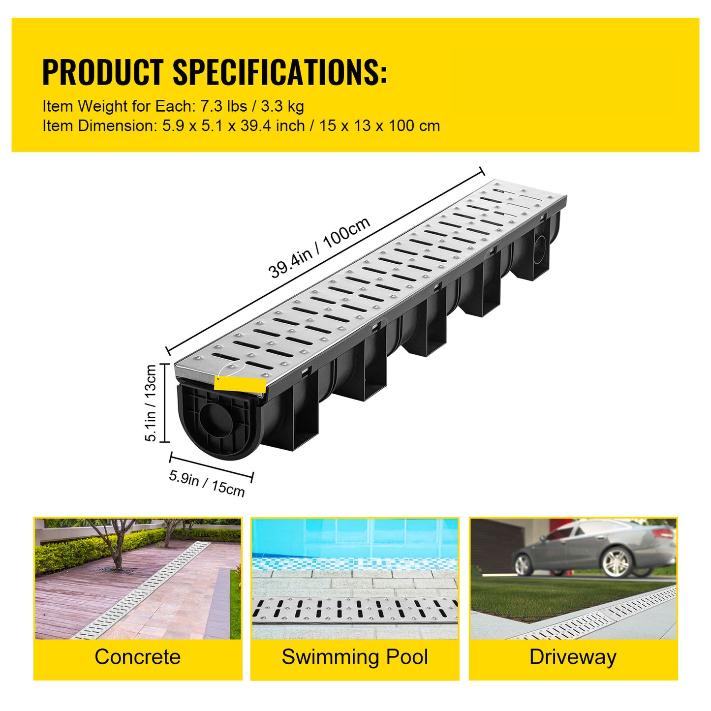 Trench Drain System, Channel Drain with Metal Grate, 5.9x5.1-Inch HDPE Drainage Trench, Black Plastic Garage Floor Drain, 3x39 Trench Drain Grate, with 3 End Caps, for Garden, Driveway-3 Pack