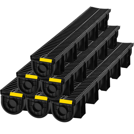 Trench Drain System, Channel Drain with Plastic Grate, 5.9x5.1-Inch HDPE Drainage Trench, Black Plastic Garage Floor Drain, 6x39 Trench Drain Grate, with 6 End Caps, for Garden, Driveway-6 Pack