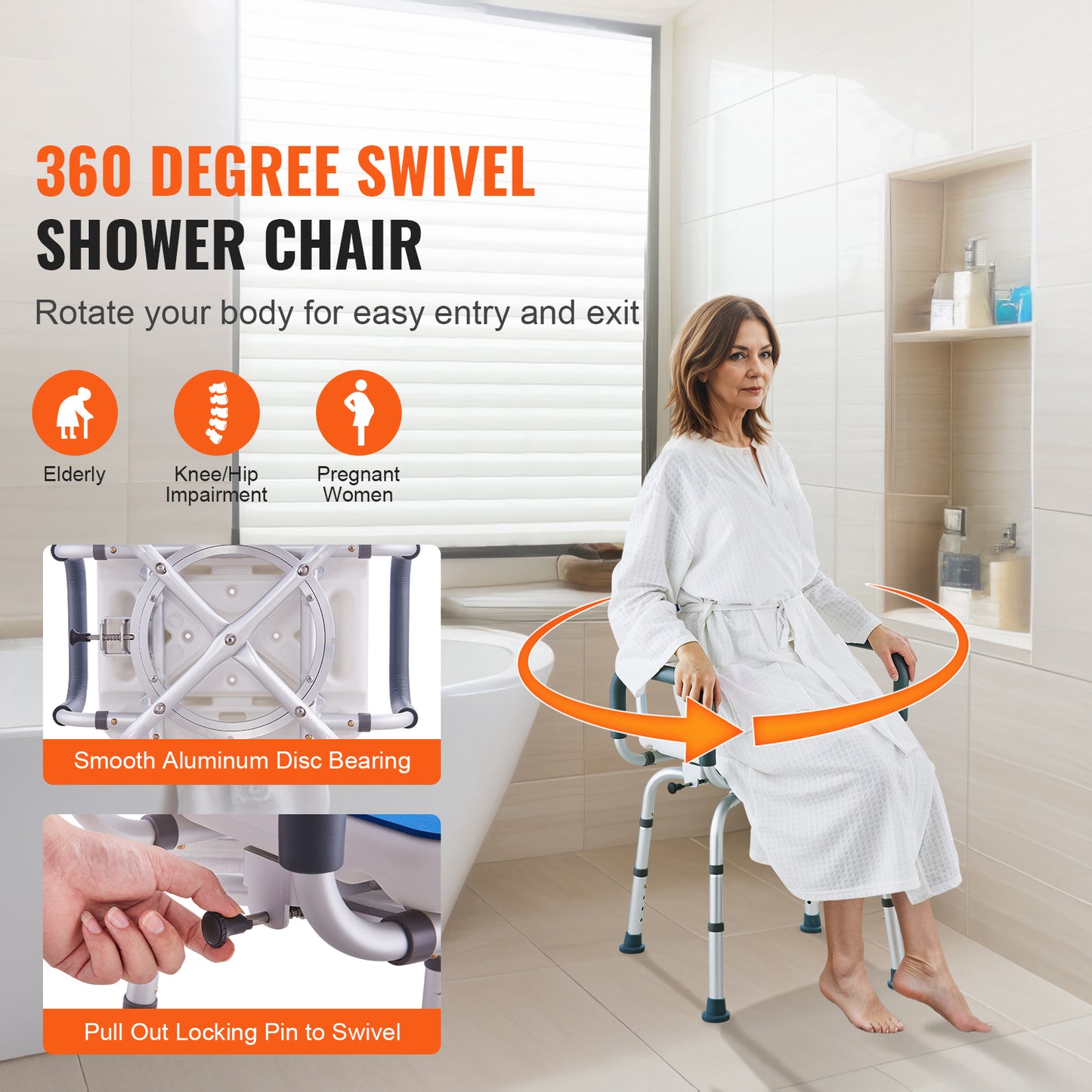 360 Degree Swivel Shower Chair, Adjustable Bath Seat with Armrests and Backrest for Shower or Tub, 400 lb.