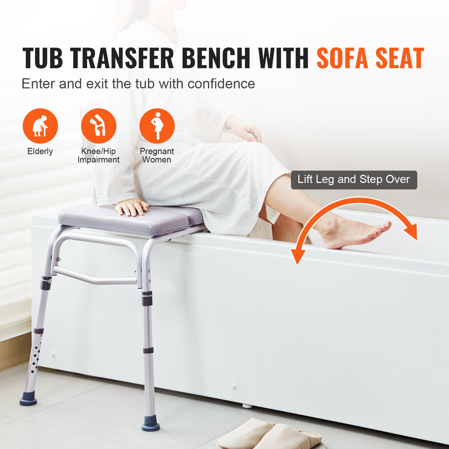 Tub Transfer Bench for Bathtub 500 lb., Padded Shower Bench for Adults with Reversible Backrest and Armrest