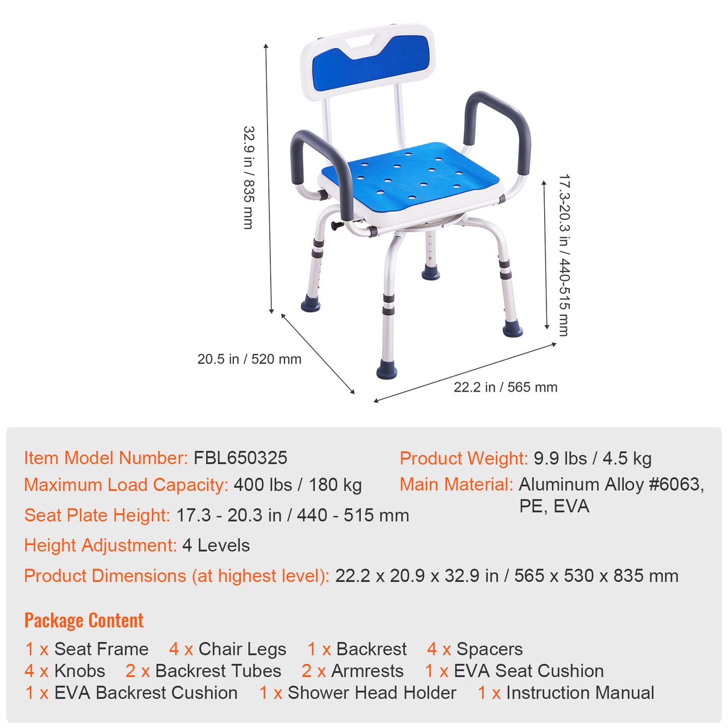 360 Degree Swivel Shower Chair, Adjustable Bath Seat with Armrests and Backrest for Shower or Tub, 400 lb.