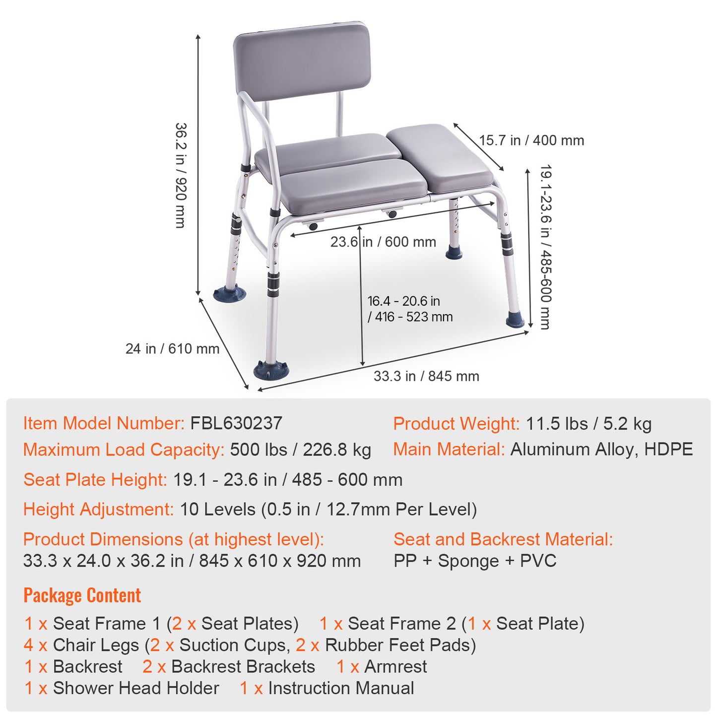 Tub Transfer Bench for Bathtub 500 lb., Padded Shower Bench for Adults with Reversible Backrest and Armrest