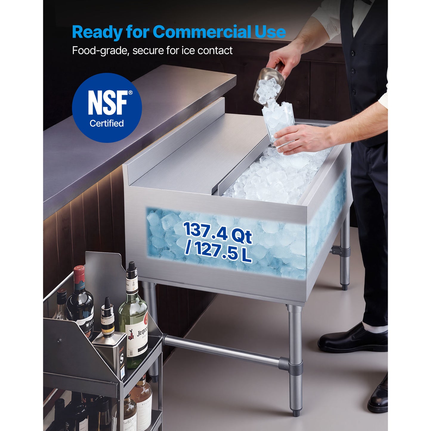Commercial Ice Bin 134.7 qt., 36 x 24 x 33 in. Stainless Steel Ice Chest, Sliding Lid, 24 Hour Insulation, NSF