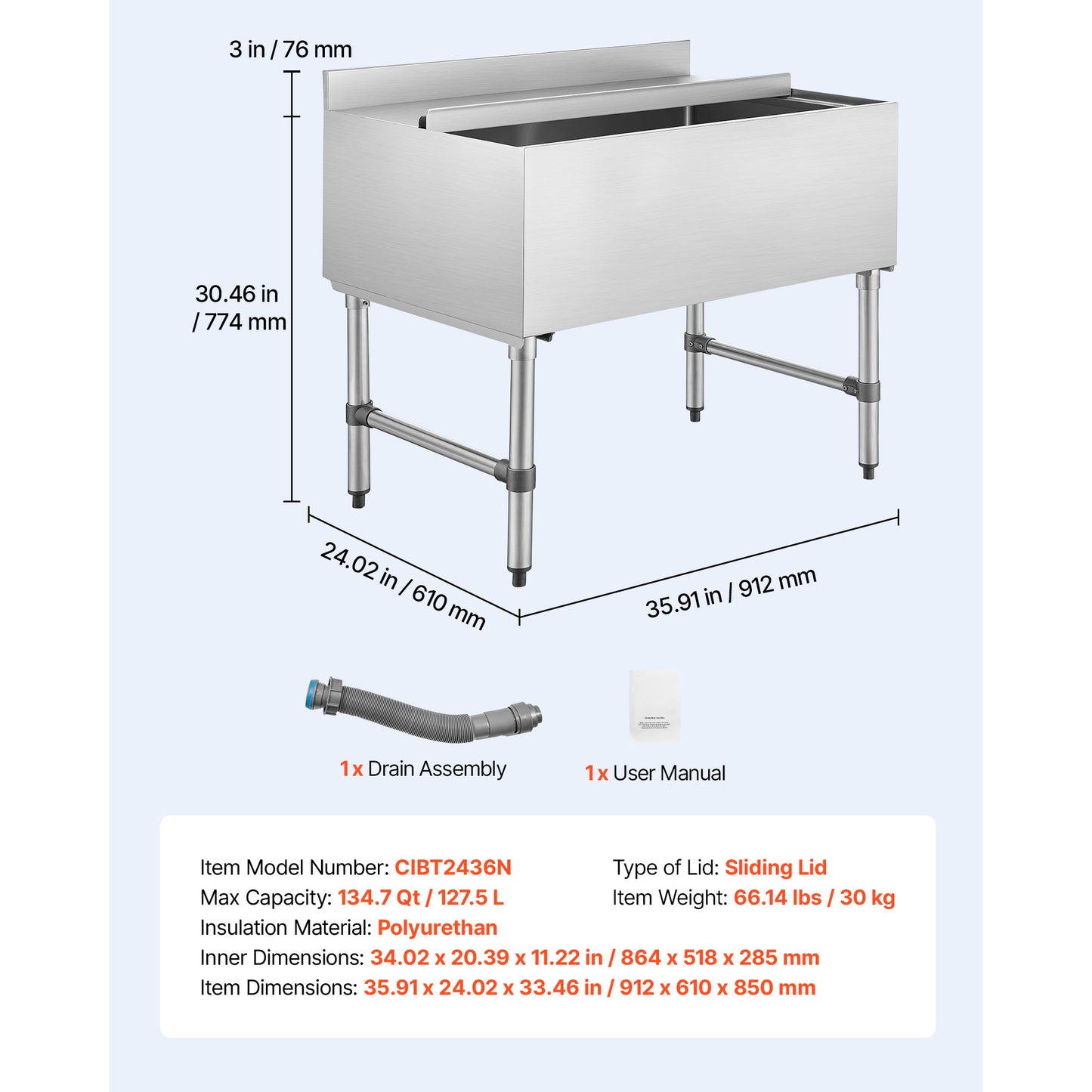Commercial Ice Bin 134.7 qt., 36 x 24 x 33 in. Stainless Steel Ice Chest, Sliding Lid, 24 Hour Insulation, NSF