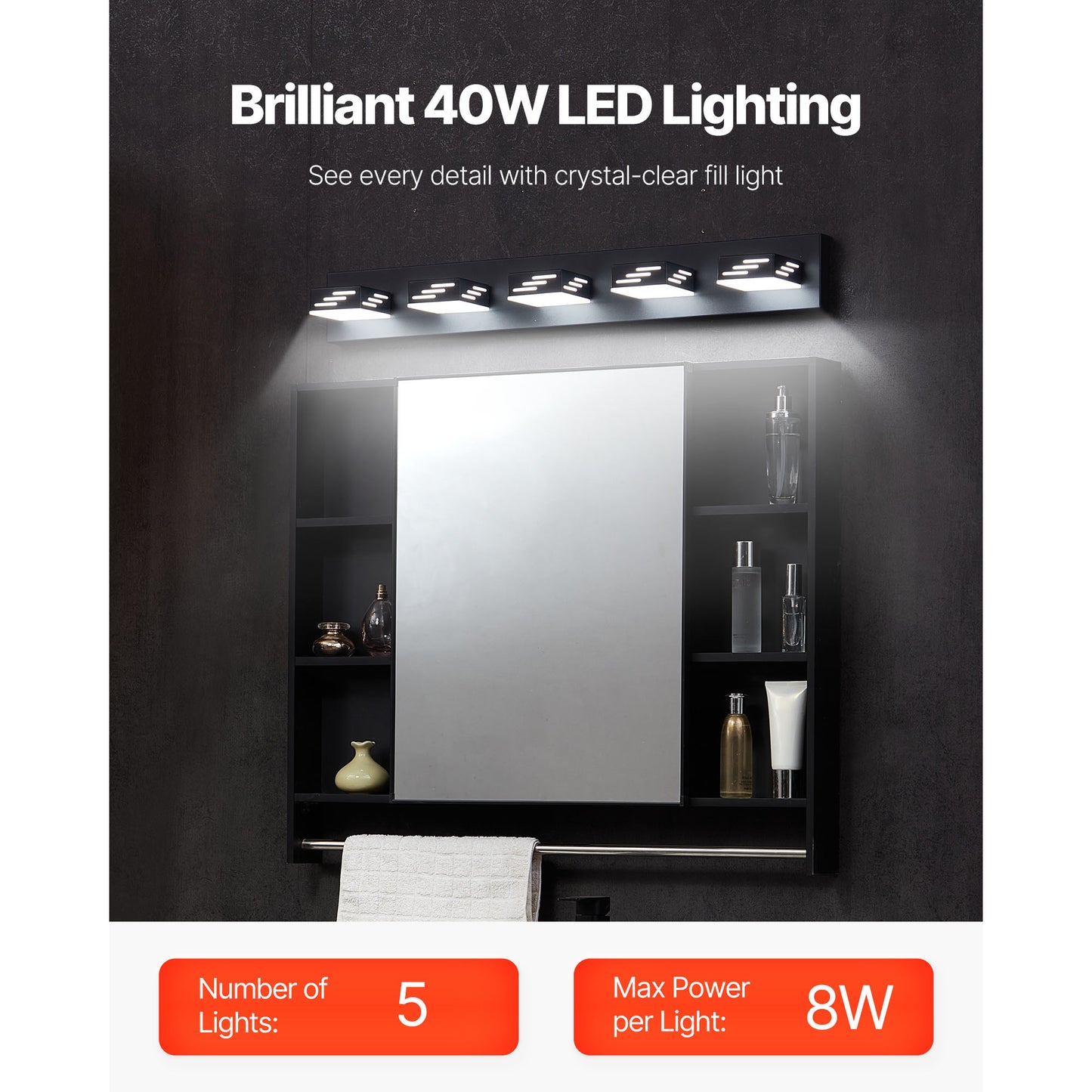 LED Bathroom Vanity Fixture, 5-Light 33.5 Inch Wall Mount, Black Modern Design, IP44 Waterproof, 6000K