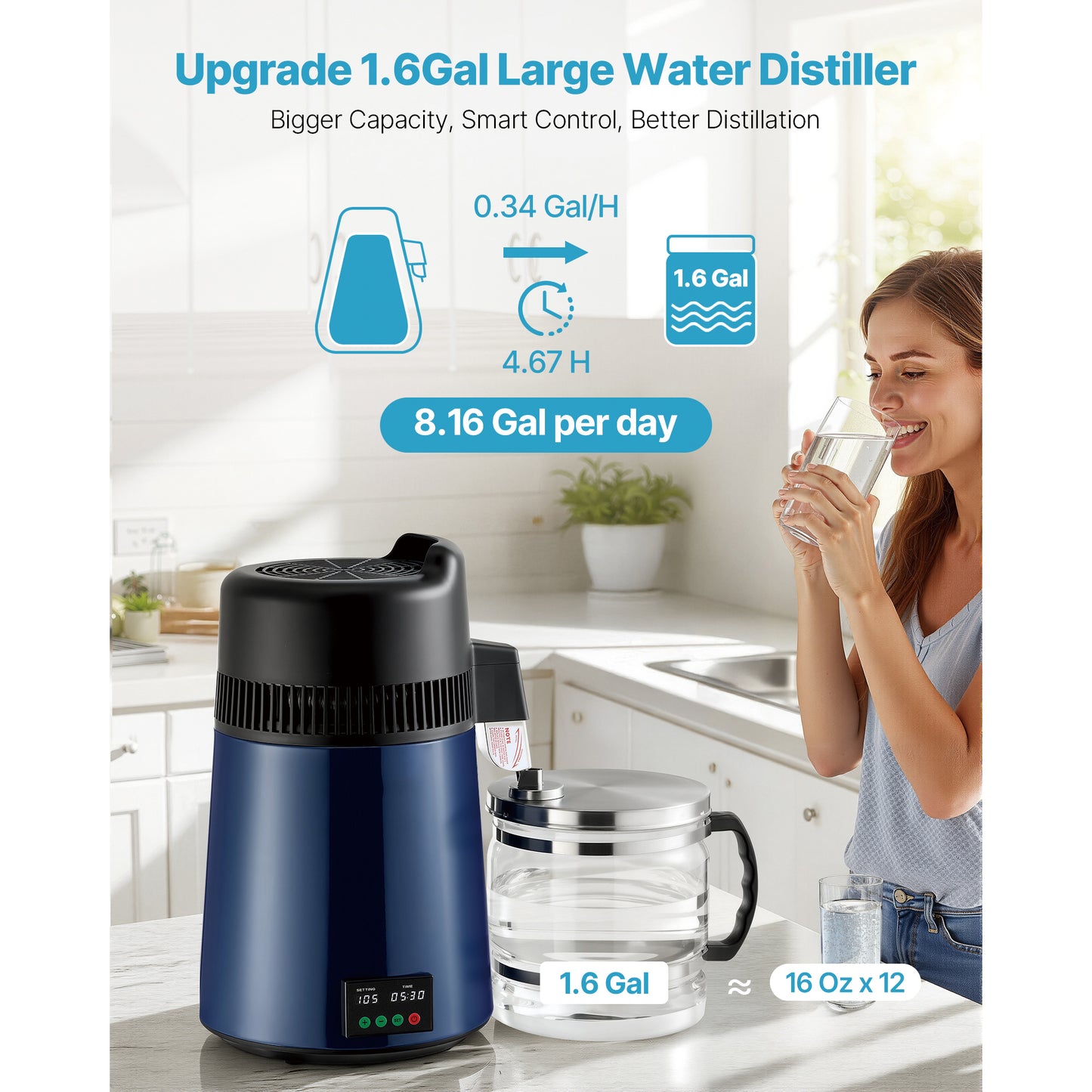 Countertop Water Distiller 1.6 Gal., 900W Distilled Water Maker, Stainless Steel Body, Glass Carafe, Blue-Black
