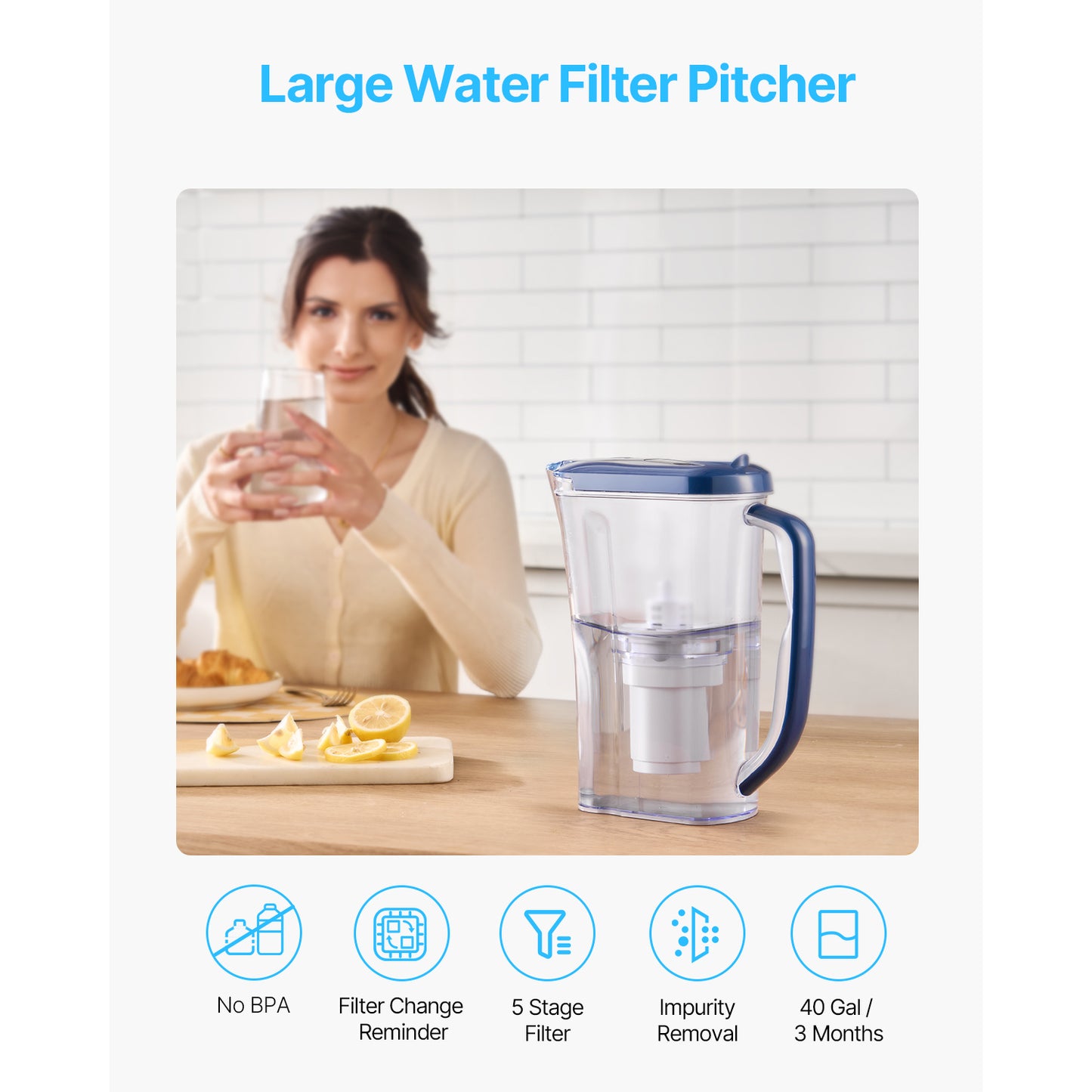 9 Cup Water Filter Pitcher, 5-Stage Dispenser with Filter Change Indicator, 40 gal. per Filter, BPA-Free