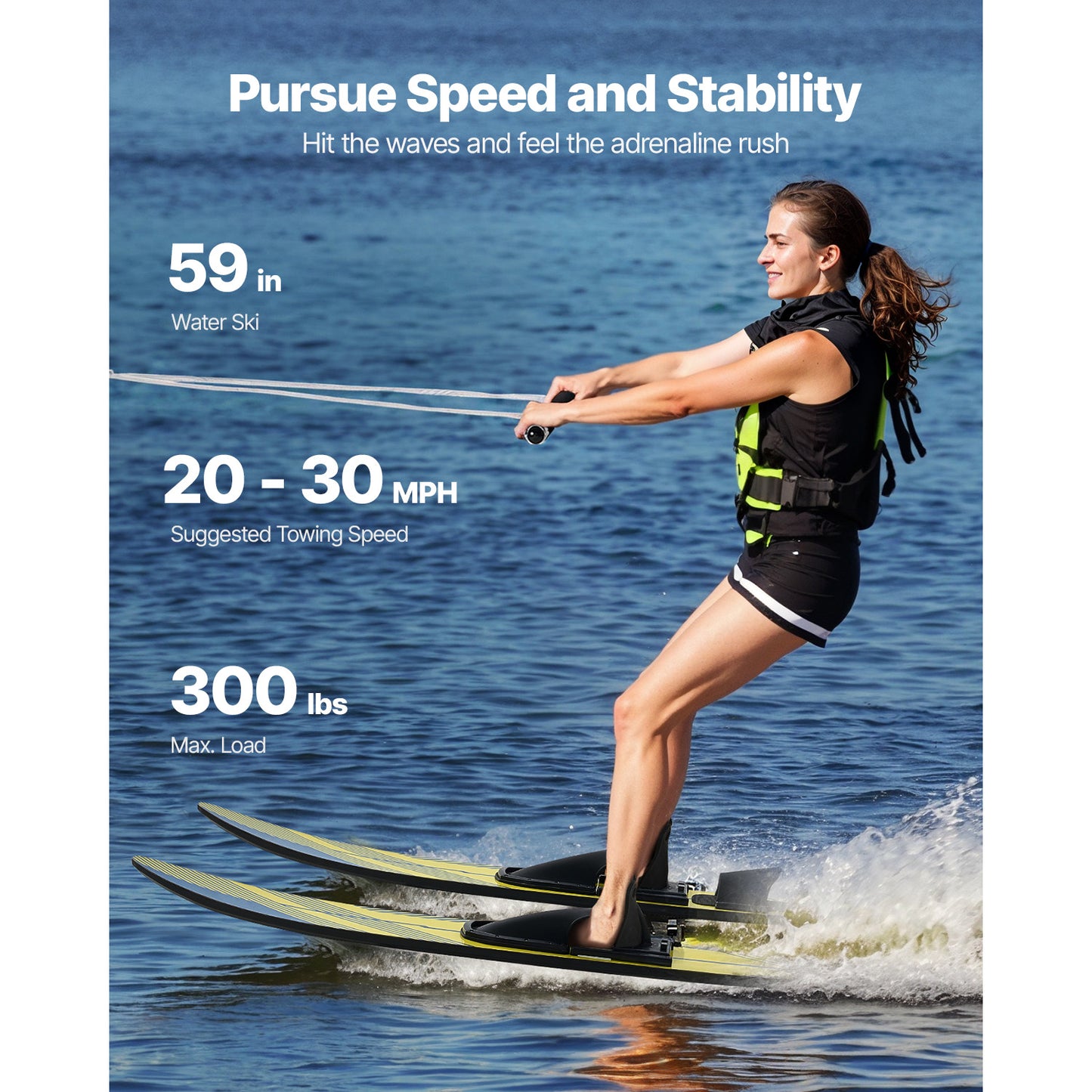 59 in. Adult Water Skis Combo with X-7 Horseshoe Bindings, Padded Rear Toe Plate, High-Gloss UV Deck, 300 lb. Max