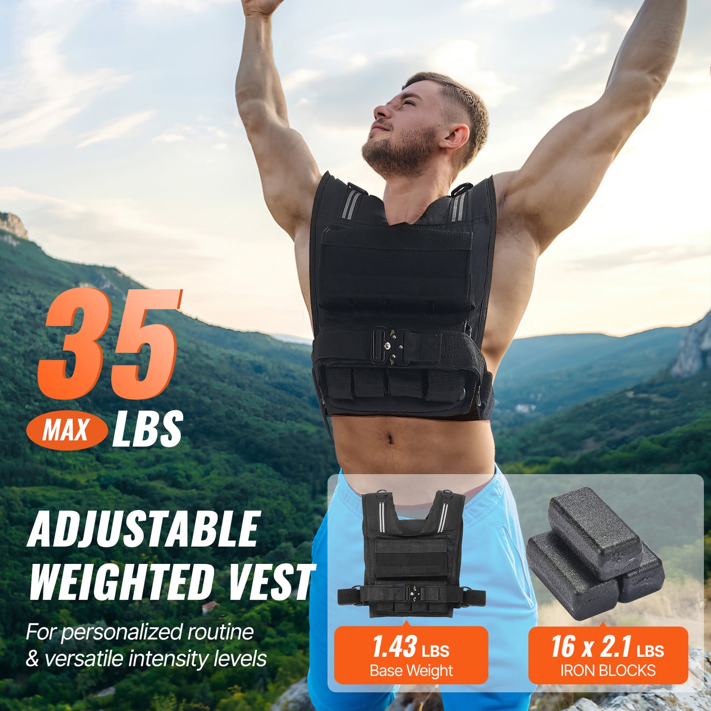 35 lb. Adjustable Weighted Vest with 16 Iron Weights, Quick-Release Buckle, 1000D Nylon Reflective Vest