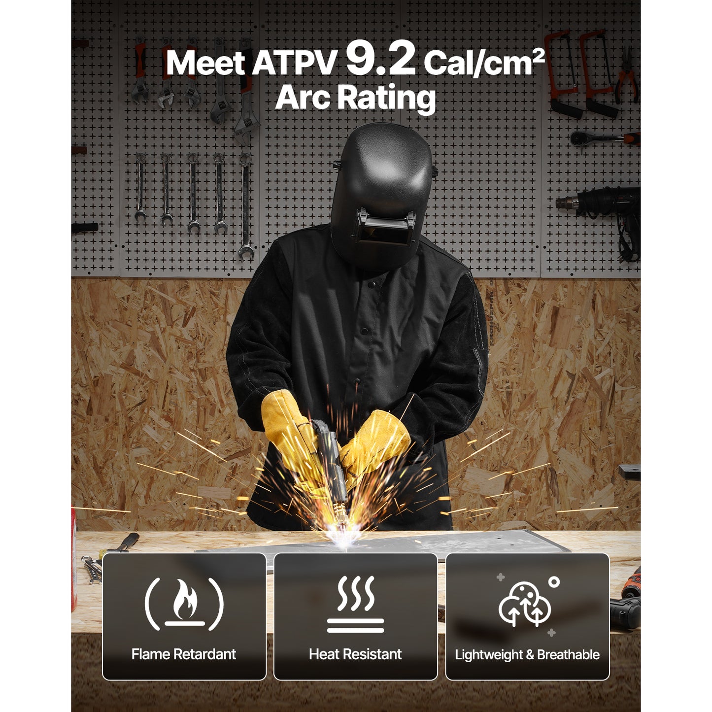 M Flame Resistant Welding Jacket, Split Cowhide Sleeves + 9 oz. FR Cotton Body, ATPV 9.2 Cal/cm2 Safety Coat