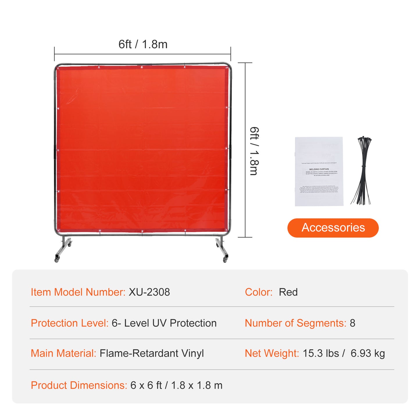 Welding Screen with Frame, 6ft x 6ft Welding Curtain Screen, Flame-Resistant Vinyl Welding Protection Screen on 4 Swivel Wheels (2 Lockable), Moveable  Professional for Workshop/Industrial, Red