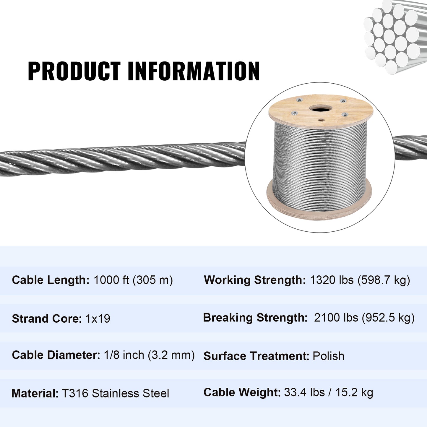 1/8in Stainless Steel Cable 1000FT, T316 1 x 19 Tighter Core Cable Railing System Wire Rope Aircraft Deck Railing Kit Fence Wire