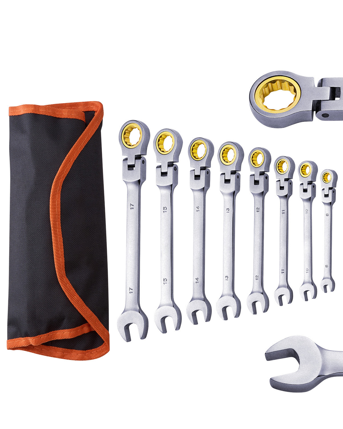 Flex-Head Ratcheting Wrench Set, 8-piece Combination Wrench Set with Roll-up Pouch, Cr-V Steel Flexible Ratcheting Wrench Set Metric 8 mm to 17 mm, Ideal for General Household, Auto Repairs