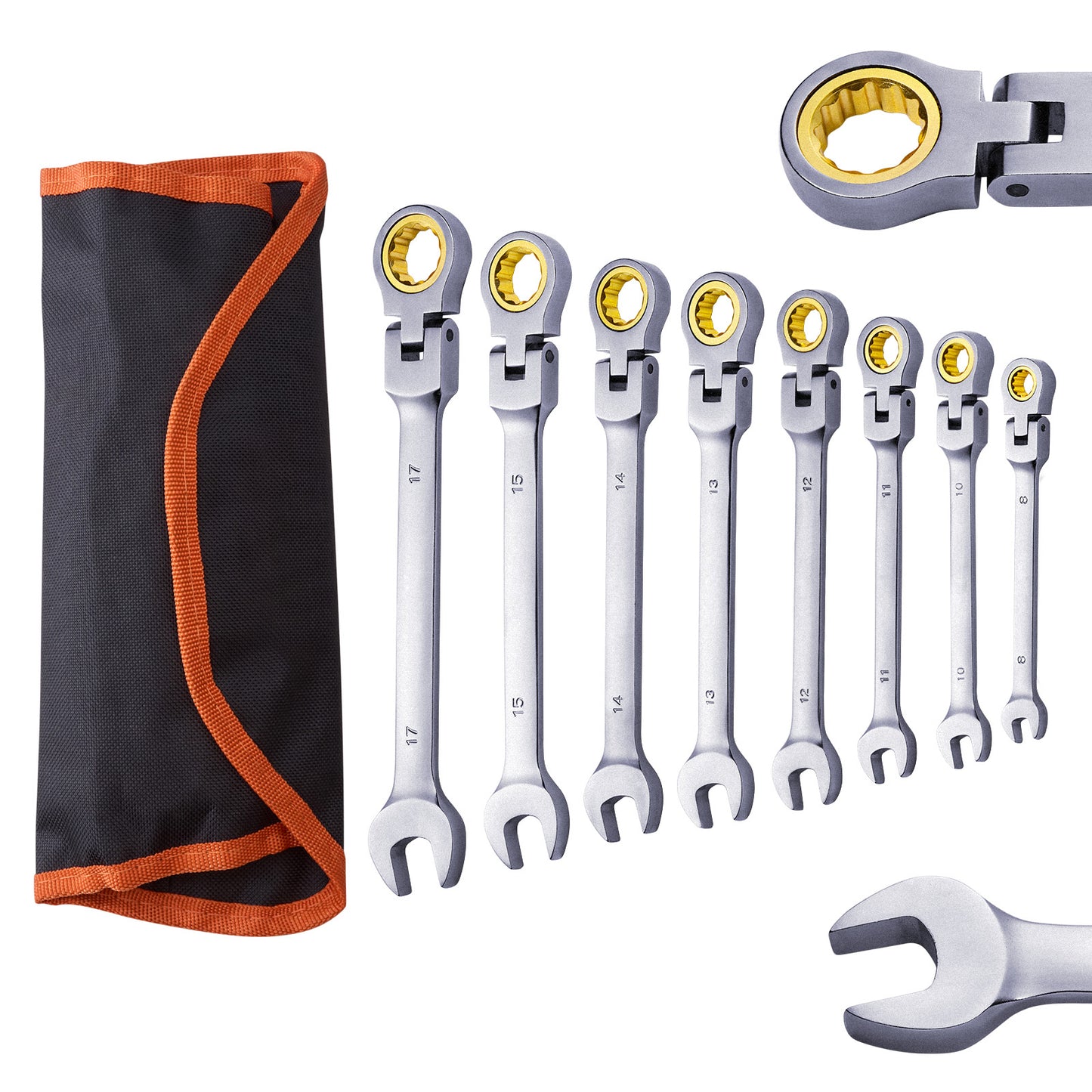 Flex-Head Ratcheting Wrench Set, 8-piece Combination Wrench Set with Roll-up Pouch, Cr-V Steel Flexible Ratcheting Wrench Set Metric 8 mm to 17 mm, Ideal for General Household, Auto Repairs