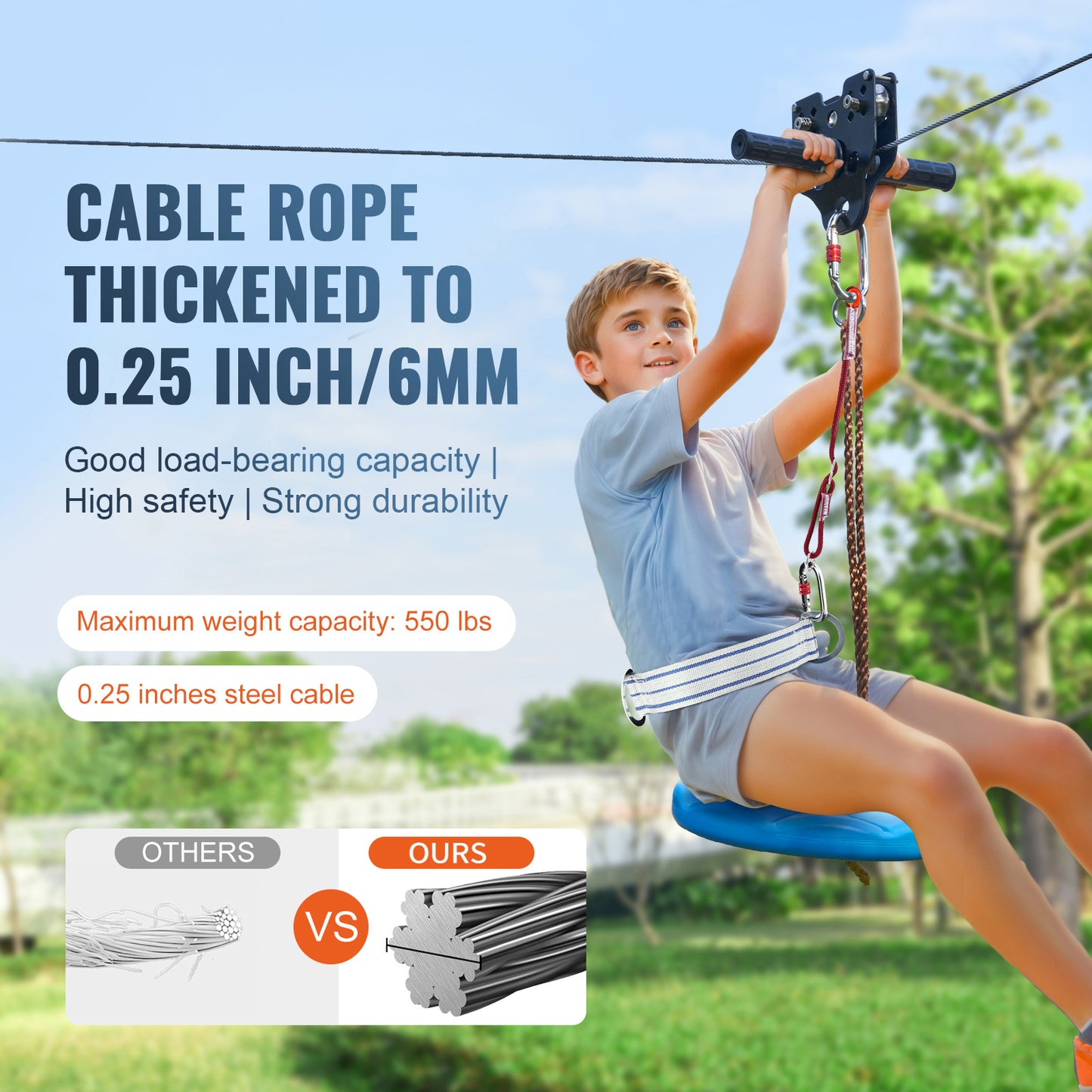 60 ft Zipline Kit for Kids and Adult Up to 500 lb. Backyard Stainless Steel Zip Line Spring Brake Harness Seat